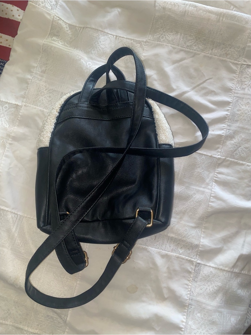 Dome Backpack with black faux leather and white shearling (sherpa) fabric. - Picture 2 of 4